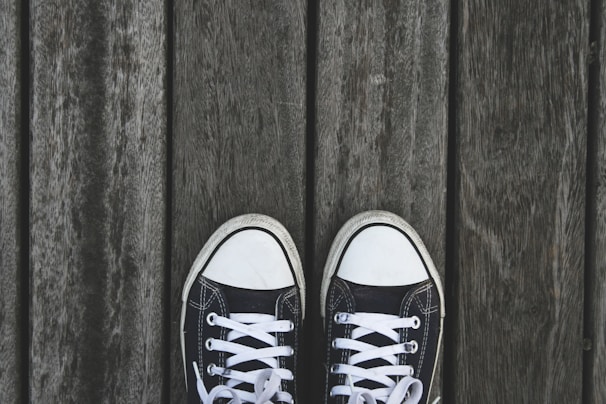 A stylish pair of shoes displayed on a wooden surface.