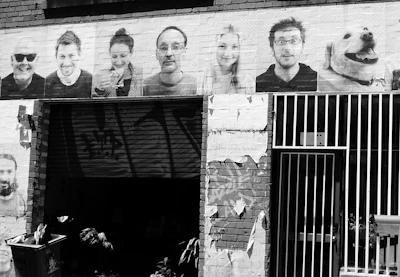 Poster of a documentary with black and white portraits and minimalist design.