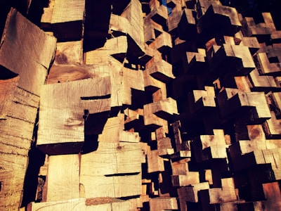 Vibrant geometric shapes scattered artfully across a wooden surface in sunlight.