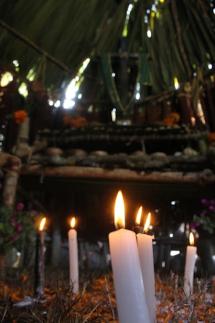 Several lit candles stand in the foreground with a rustic altar or shrine setting in the background, surrounded by various natural elements under a canopy of leaves.