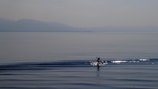 An electric surfboard cutting through calm ocean water with a mountain backdrop under a bright blue sky.
