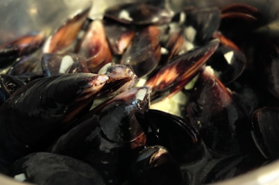 Close-up of freshly caught mussels glistening with sea water on a rustic wooden table