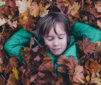 closed eye boy laying on brown maple leaves