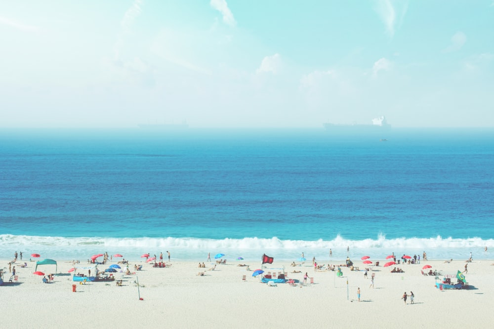 group of people on white sand beach