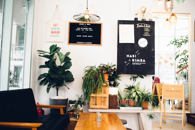 A cozy cafe interior with a variety of potted plants arranged on shelves and tables. A menu board with daily specials is mounted on the wall, next to a sign with colorful text. Soft lighting emanates from a hanging lamp, creating a warm atmosphere. In the background, a mix of wooden and modern furniture is visible, with a 'section closed' sign on a chair.