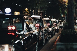 A line of black taxis parked along a dimly lit street at night, illuminated by streetlights. The taxis have lit signs on top with glowing red lettering, indicating they are available for passengers. Trees and urban elements are visible in the background, contributing to a city atmosphere.