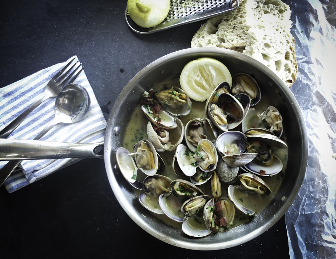 round silver steel bowl with scallops, Seafood Boil