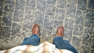 A pair of brown leather shoes on a person's feet, as seen from above, standing on a textured, gray stone pavement. The person is wearing blue jeans and a plaid shirt.