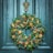 A decorative holiday wreath is adorned with pinecones, dried orange slices, cinnamon sticks, and red berries. It hangs on a dark teal wooden door with a detailed brass door knocker depicting a face.