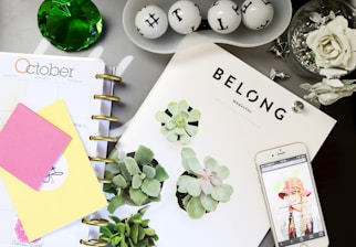 A collection of items on a desk includes a planner with the month of October displayed, a magazine featuring succulent plants on the cover, a smartphone showing an image of a person wearing a colorful hat, and several decorative items such as a large green gem and a dish with decorative spheres. Adjacent to the planner are sticky notes, one pink and one yellow. The scene is completed with push pins and a white artificial rose.