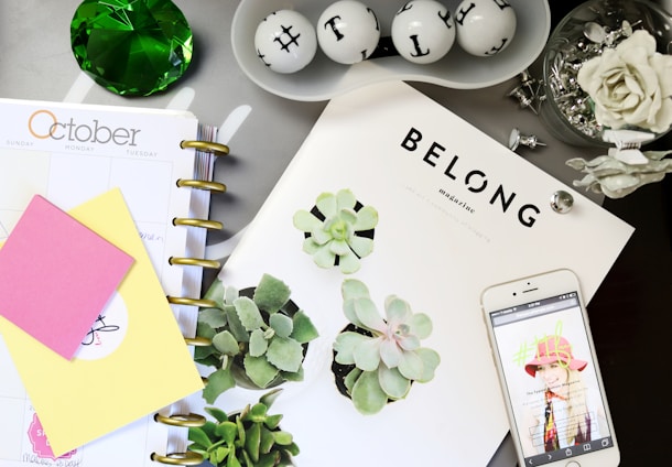A collection of items on a desk includes a planner with the month of October displayed, a magazine featuring succulent plants on the cover, a smartphone showing an image of a person wearing a colorful hat, and several decorative items such as a large green gem and a dish with decorative spheres. Adjacent to the planner are sticky notes, one pink and one yellow. The scene is completed with push pins and a white artificial rose.