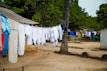 A rural outdoor setting with clothes hanging on multiple clotheslines stretching across the scene. The clothes are mostly white, though there are some colorful garments further along the line. The lines are strung between a tree and what appears to be a small building. Surrounding the area are trees with dense green foliage. The ground is unpaved, and there are modest structures in the background.