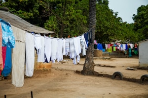 A rural outdoor setting with clothes hanging on multiple clotheslines stretching across the scene. The clothes are mostly white, though there are some colorful garments further along the line. The lines are strung between a tree and what appears to be a small building. Surrounding the area are trees with dense green foliage. The ground is unpaved, and there are modest structures in the background.