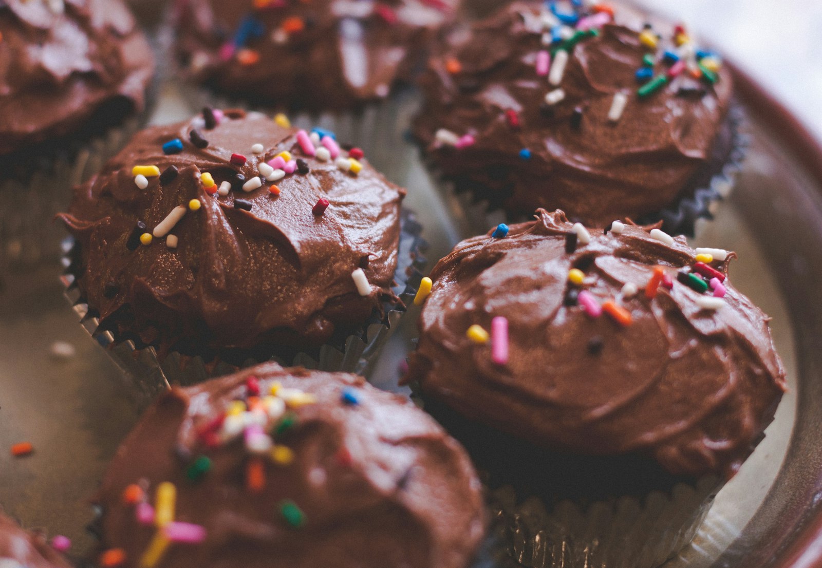 Canon EOS 450D (EOS Rebel XSi / EOS Kiss X2) + Canon EF 50mm F1.4 USM sample photo. Chocolate cupcakes with sprinkles photography