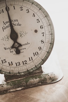 An old mechanical weighing scale with a rustic appearance. The dial has numbers from 0 to 23 and the text 'American Family Scale' printed on it. The base shows signs of wear with chipped paint and a greenish hue.