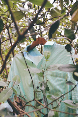 Green t-shirt laid flat displaying a tropical seashell pattern inspired by the island’s coast.