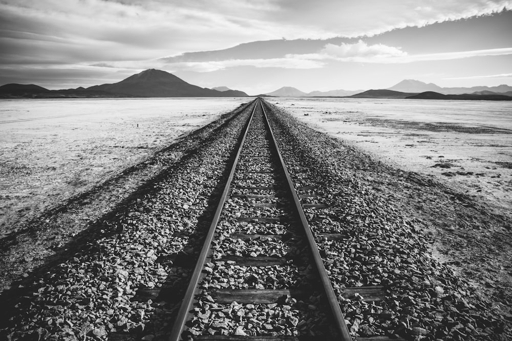 Fotografía en escala de grises del tren Ferrocarril