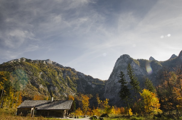 A cozy Pocono cabin nestled among vibrant autumn trees with a mountain backdrop.