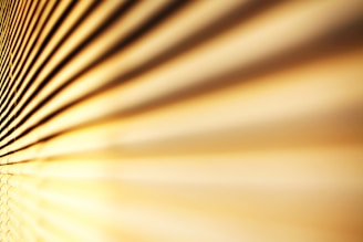 An abstract view of horizontal blinds with sunlight casting lines and shadows, creating a warm and textured pattern.
