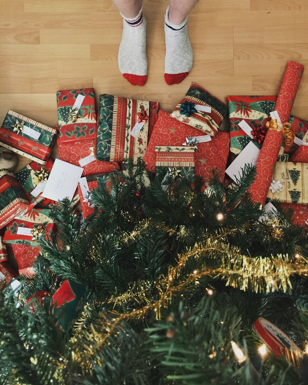 person standing beside christmas tree