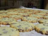 A batch of freshly baked chocolate chip cookies is spread out on a baking sheet. The cookies have a golden-brown color with visible chocolate chips throughout.