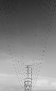 A high voltage transmission tower is captured from an upward angle, with numerous power lines extending towards the sky, creating a converging perspective. The image is in black and white, emphasizing the linear patterns of the cables against a cloudy sky.