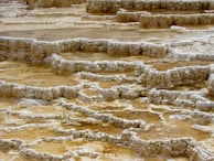 Terraced mineral formations create unique, natural pools with white and beige hues. The layered structures form intricate patterns and are surrounded by earthy tones.