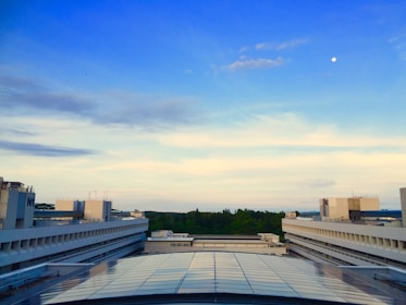 A flat roof with a beautiful view of the skyline.