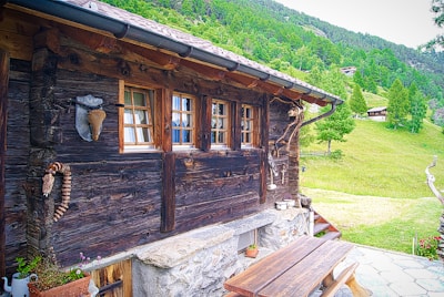 A rustic wooden cabin with a dark wooden exterior wall is decorated with various rustic ornaments. Three small windows with wooden frames allow a view to the outside. A wooden picnic table sits on a stone patio beside the cabin. The surroundings feature a lush green landscape with trees and a grassy hillside in the background.
