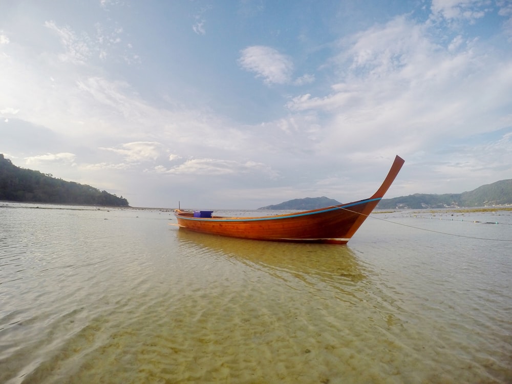 A red boat sitting in water near the shore.