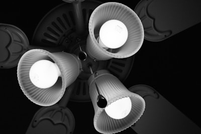 A black and white image featuring three white frosted light bulbs in a ceiling fan. The fixture has flared, ribbed light shades, and visible metal hardware with pull chains.