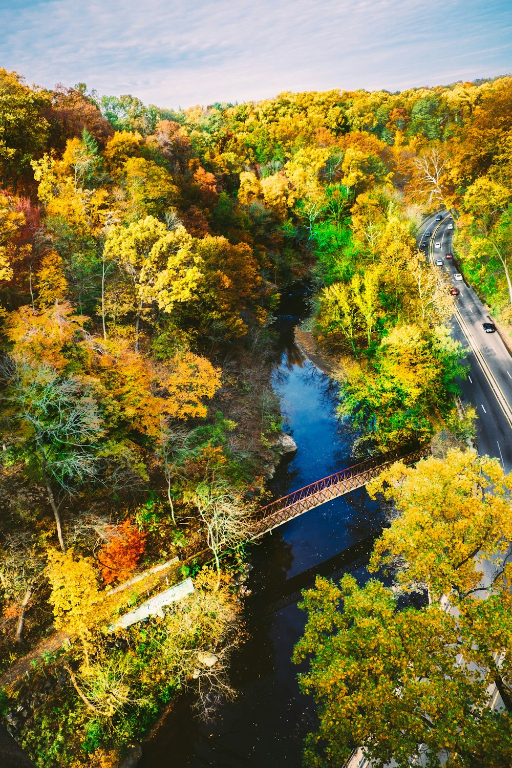 Luftaufnahme einer braunen Metallbrücke, die von Bäumen umgeben ist, während Autos auf der Straße