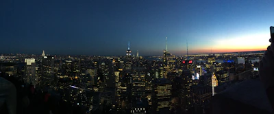 A panoramic view of New York's skyline at dusk, highlighting the city's vibrant business district.