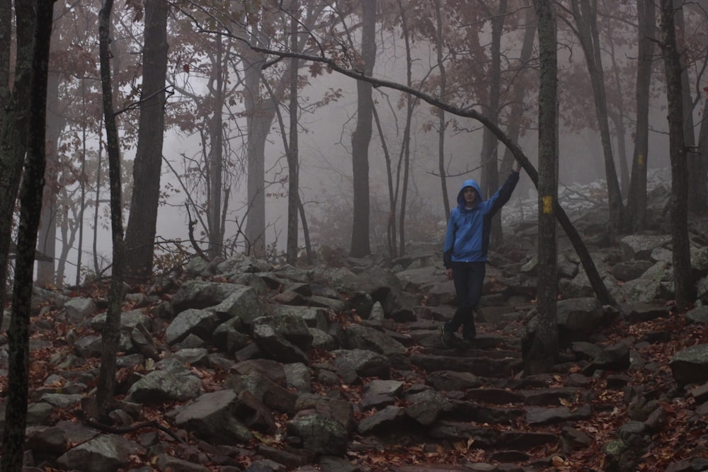 man wearing blue hooded jacket and black pants standing on rock in middle of forest during daytime