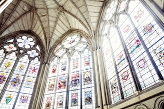 A close-up of the intricate stained glass windows in the cathedral.