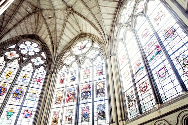 A close-up of the intricate stained glass windows in the cathedral.