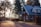 A cozy suburban house made of wood sits along a paved driveway, surrounded by trees. Sunlight filters through the branches, casting warm light and shadows. The house has a gabled roof with large windows, and a flag is visible near the entrance.