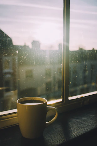 A sleek tumbler and colorful mug sitting on a sunlit windowsill.