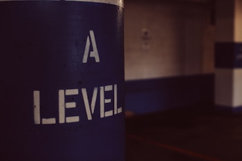 A column with the text 'A LEVEL' painted on it. The background appears to be the inside of a parking garage with concrete walls and additional columns.