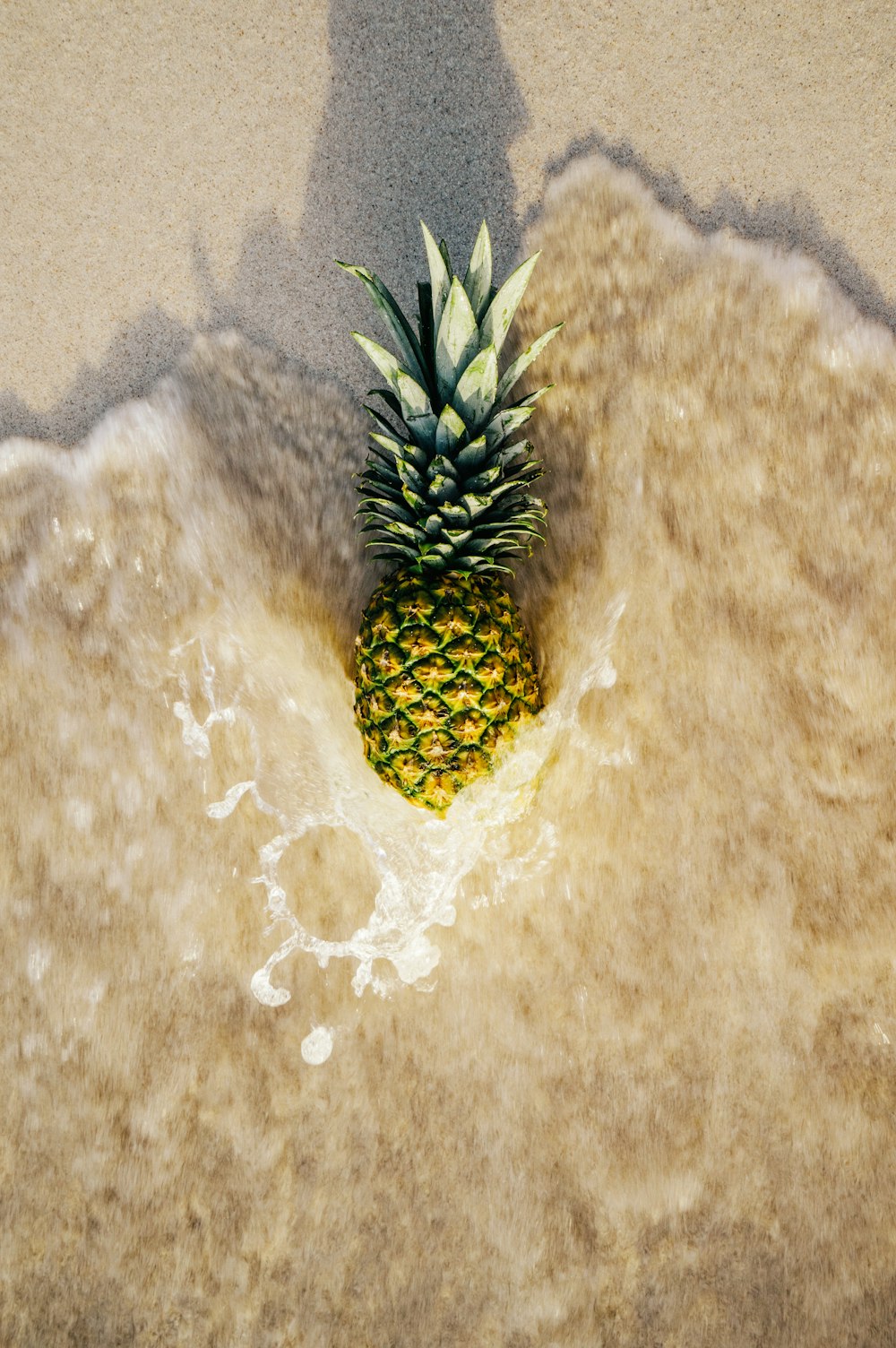 Gelbe und grüne Ananas auf braunem Sand