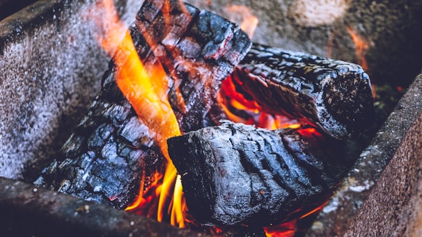 Detailed view of burning logs with charred black surfaces and bright orange flames in a concrete or stone fire pit.