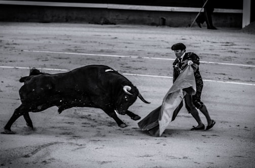 Close-up of a young midget torero preparing for the bullfight.