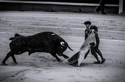A lively moment capturing a dwarf bullfighter mid-action during a rodeo event.