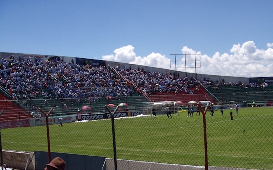 A large soccer stadium filled with spectators seated in the stands, wearing primarily blue clothing. The field is enclosed by a metal fence, and there are players on the grass pitch with a clear sky in the background.