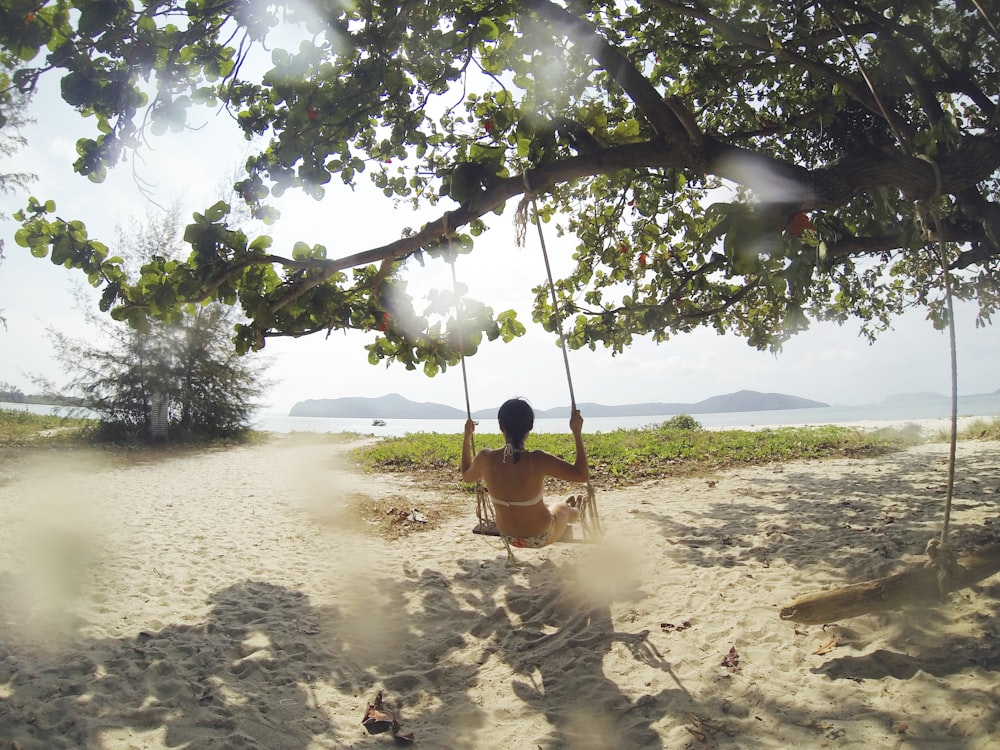 woman sitting on swing under green tree facing body of water at daytime