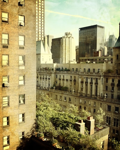 Tall brick and modern skyscrapers encompass a lush rooftop garden. The scene features a mix of architectural styles, with historic details alongside sleek, contemporary buildings. Sunlight filters through, casting soft shadows on the urban landscape.