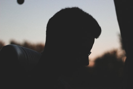 A dark silhouette of a person in profile view, seated and looking down against a backdrop of a soft evening sky. The image conveys a sense of solitude and introspection with blurred natural elements in the background.