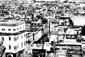 A densely packed urban landscape featuring numerous tightly clustered buildings with flat roofs. The image is high contrast, using bold black and white tones to create a stark and dramatic effect. The architecture appears aged and weathered, conveying a sense of historical depth.