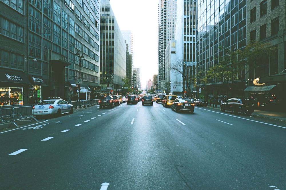 cars on road inline of high rise building during daytime