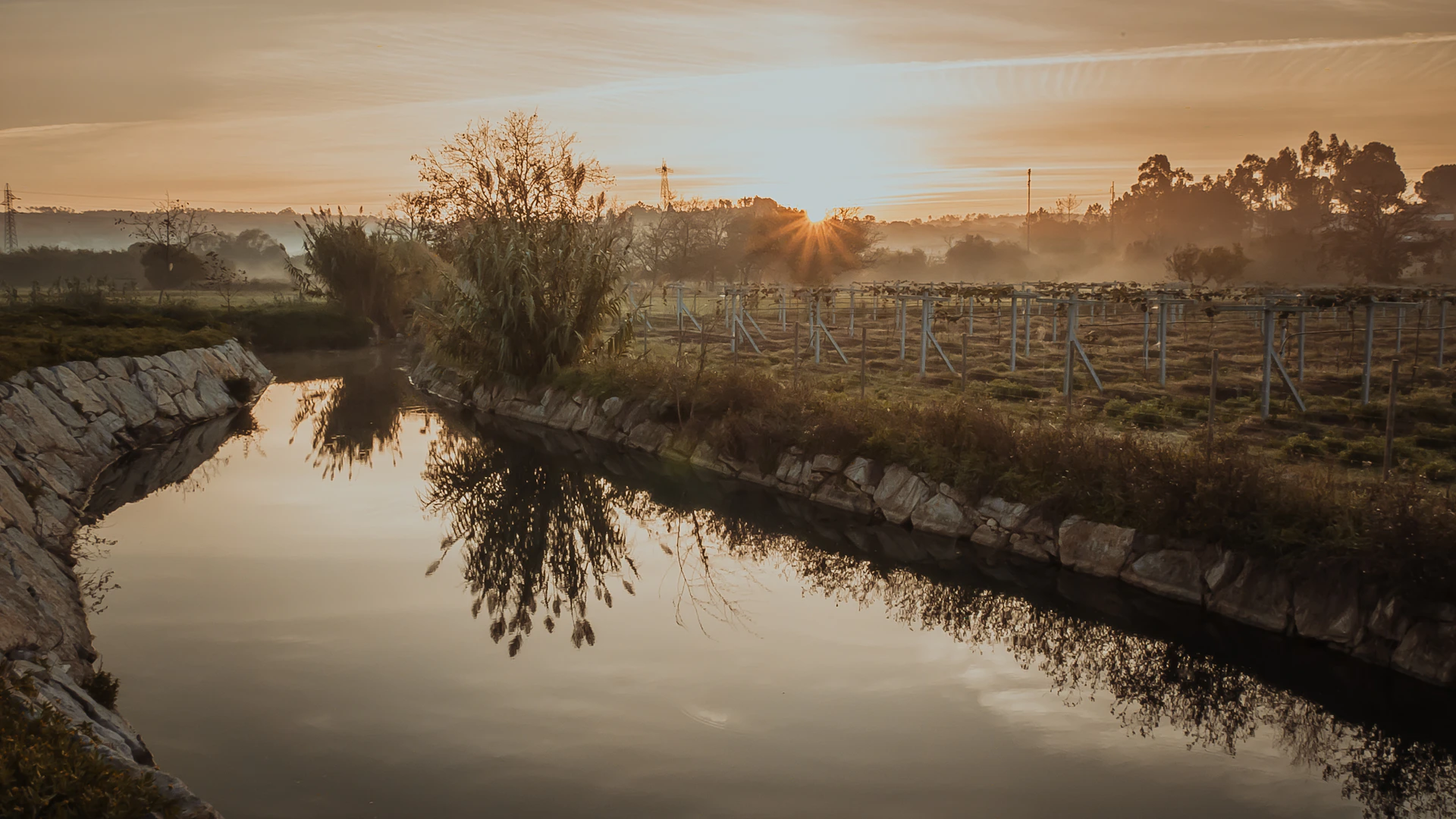 A vibrant high-resolution landscape showcasing the interplay of light and shadow over a quiet river at dawn.